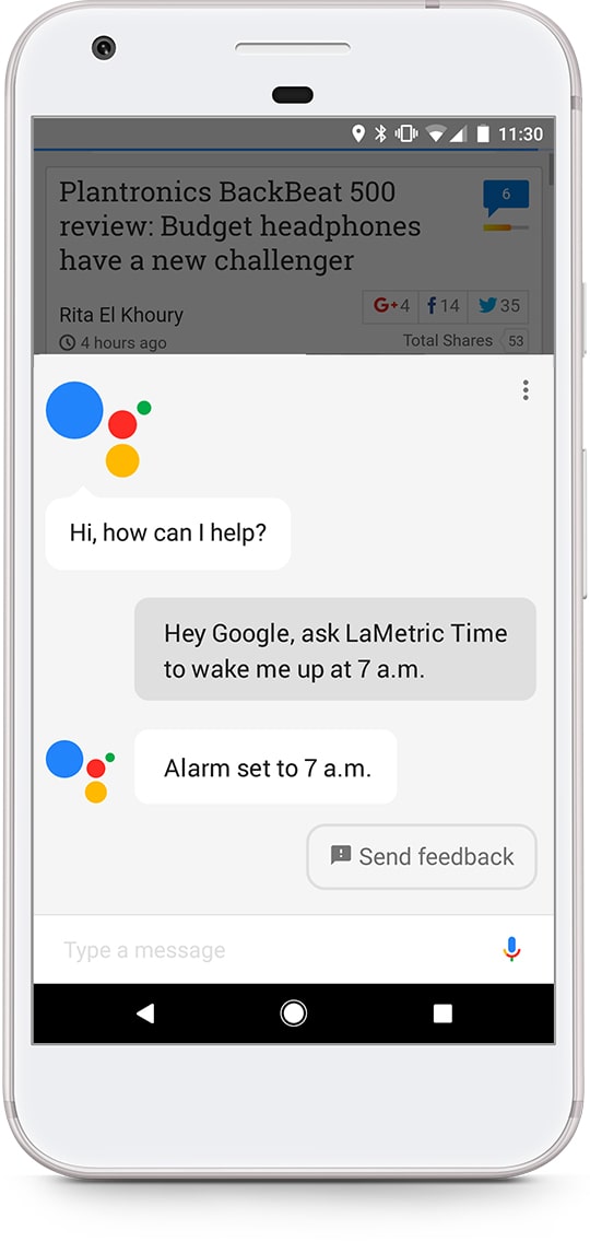 An iPhone shows the process of setting alarm for 7 AM at LaMetric Time smart clock via Google Assistant