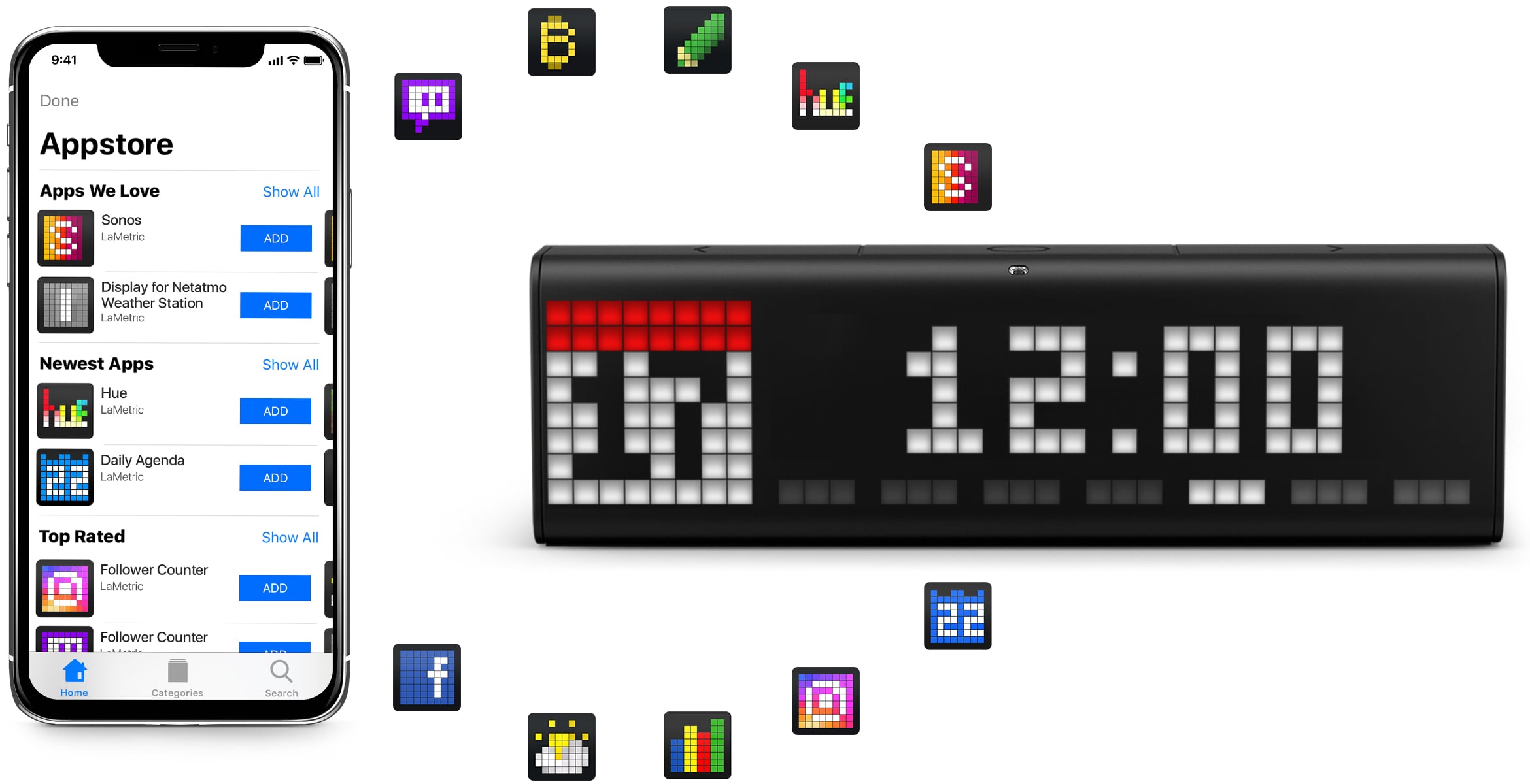 LaMetric Time digital clock displays time and the current date as a clock face and iPhone shows product appstore