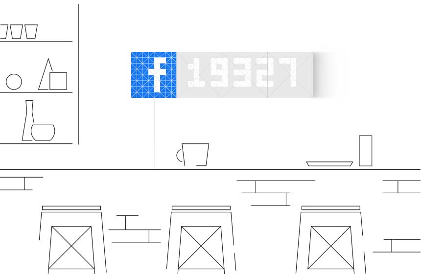 Infoscreen, assembled from 16 LaMetric SKY smart light surfaces, placed in the cafe, displays Facebook like counter