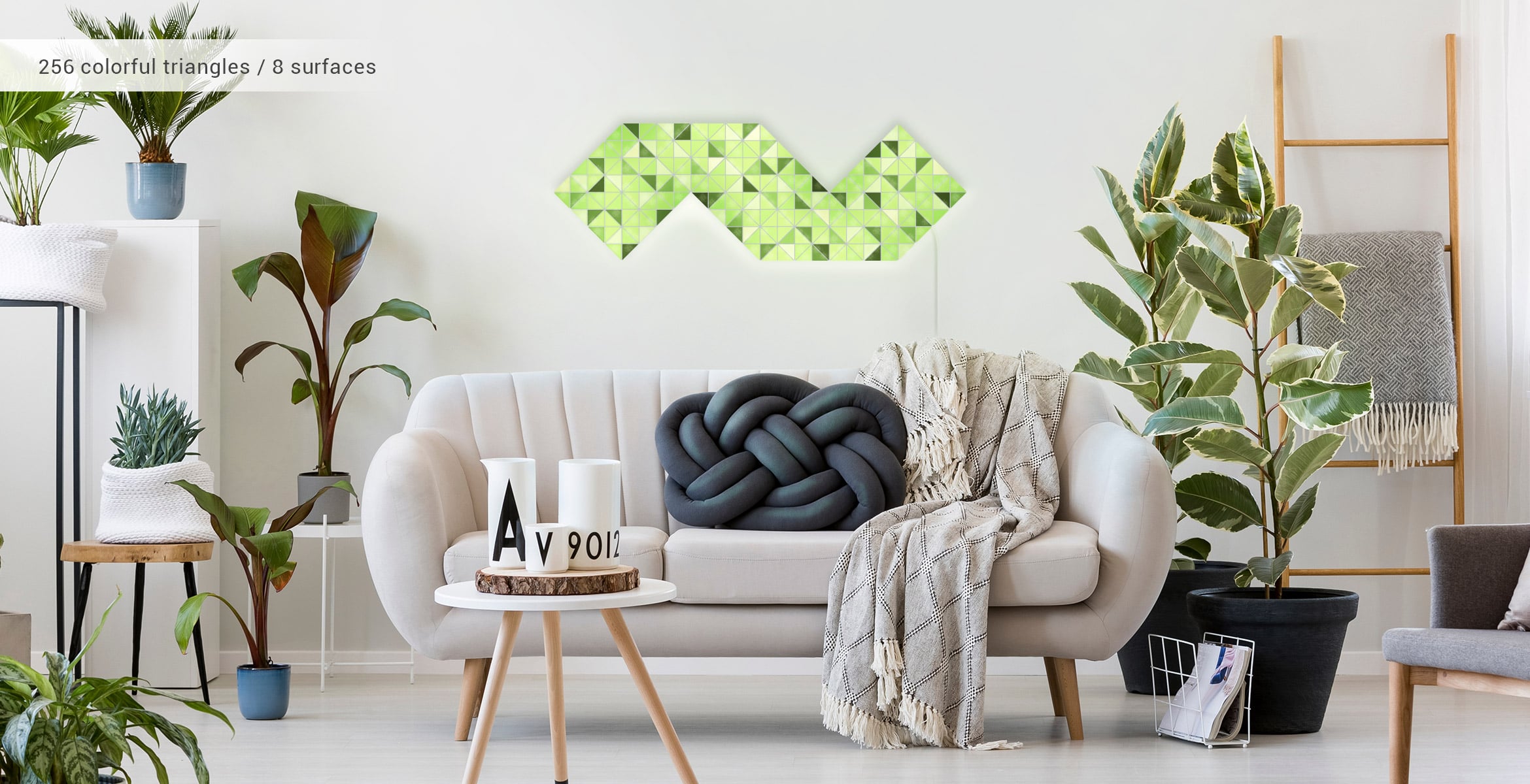 Snake shape, assembled from 8 LaMetric SKY smart light surfaces, in a stylish living room
