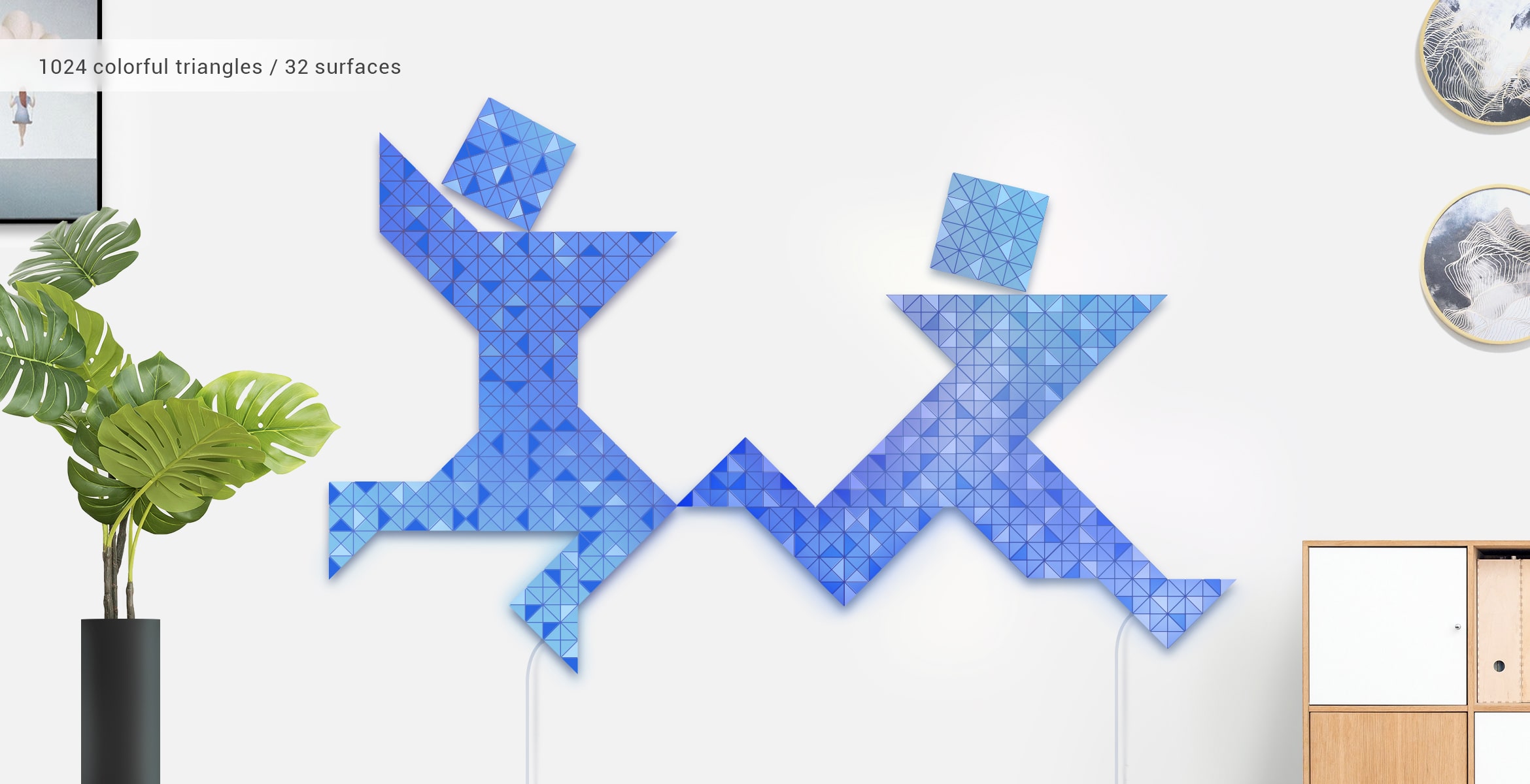 Two-people shape, assembled from 32 smart light surfaces, in impressive Tangram art style, complements room's interior