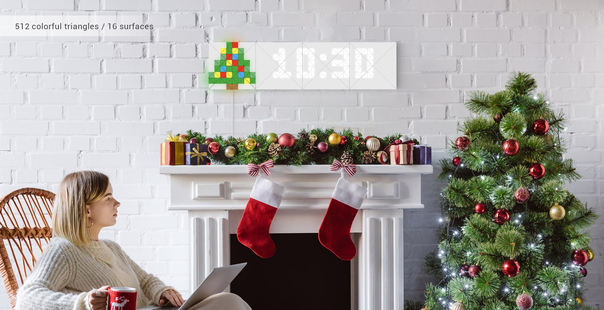 Infoscreen shape, assembled from 16 smart light surfaces, displays time and Christmas tree Sky face complementing room interior