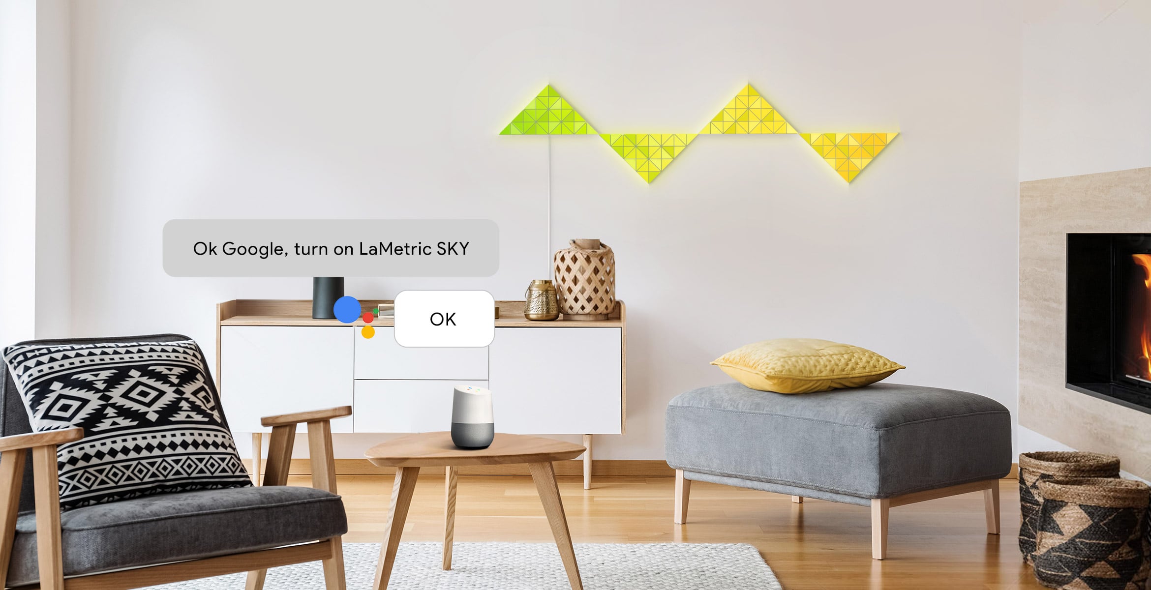 Voice control of LaMetric SKY smart light surfaces, assembled into the reflection shape, via Google Assistant