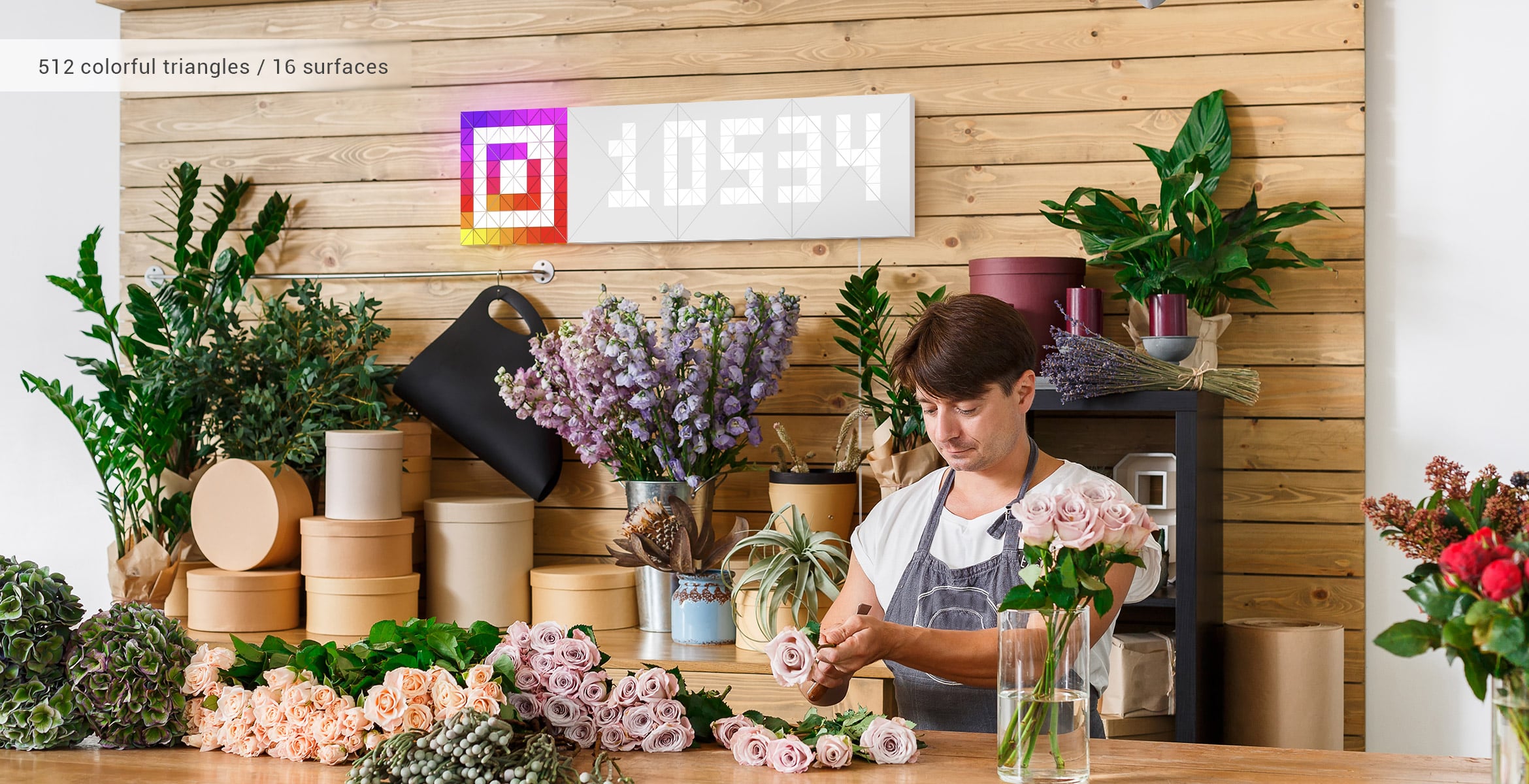 Infoscreen, assembled from 16 smart light surfaces, complements interior of flower shop and displays Instagram follower count