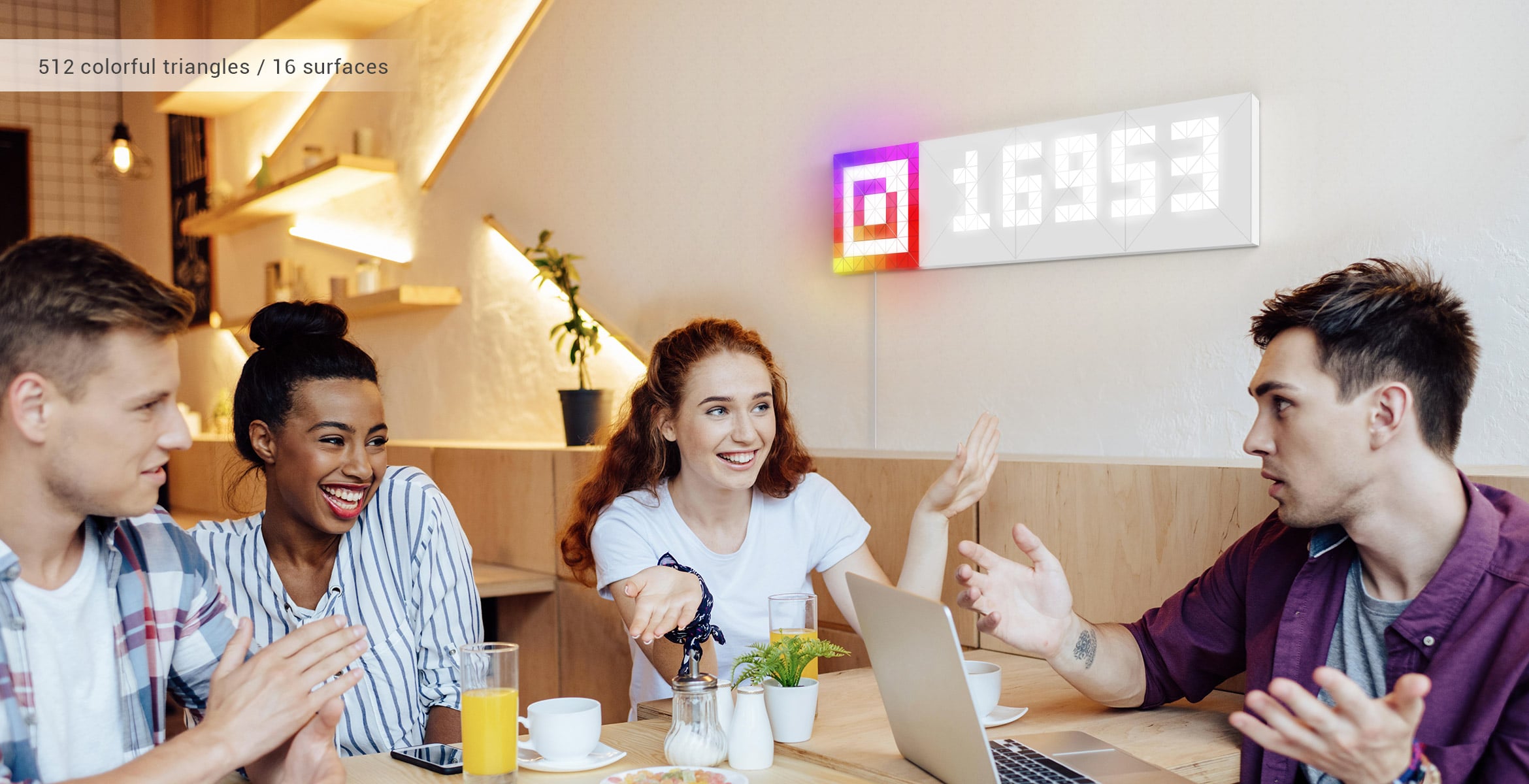 Infoscreen, assembled from 16 smart light surfaces, complements the cafe's interior and displays follower count for Instagram