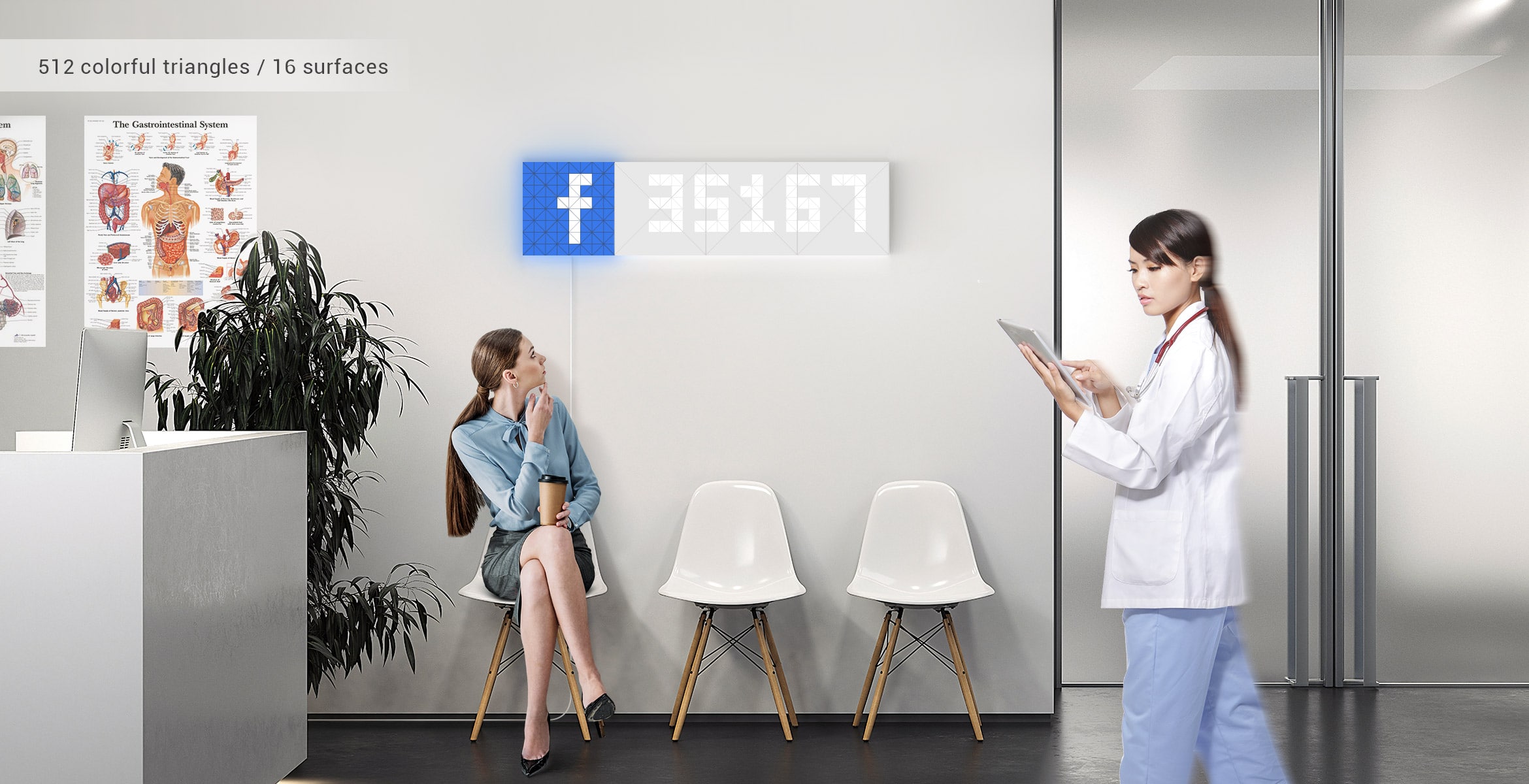 Infoscreen, assembled from 16 smart light surfaces, complements pediatrics interior and displays Facebook like counter