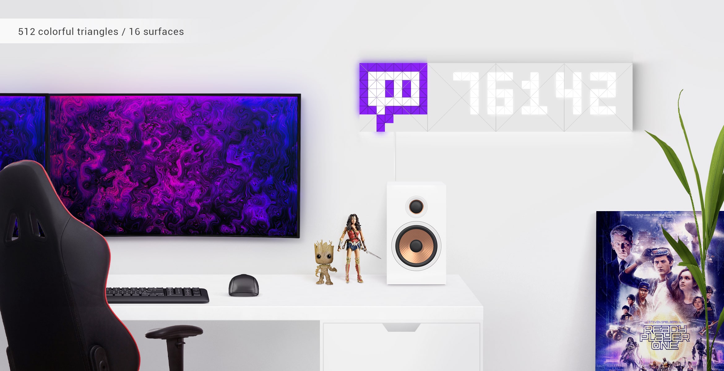 Infoscreen, assembled from 16 smart light surfaces, complements gamer's desk setup and displays Twitch viewers amount