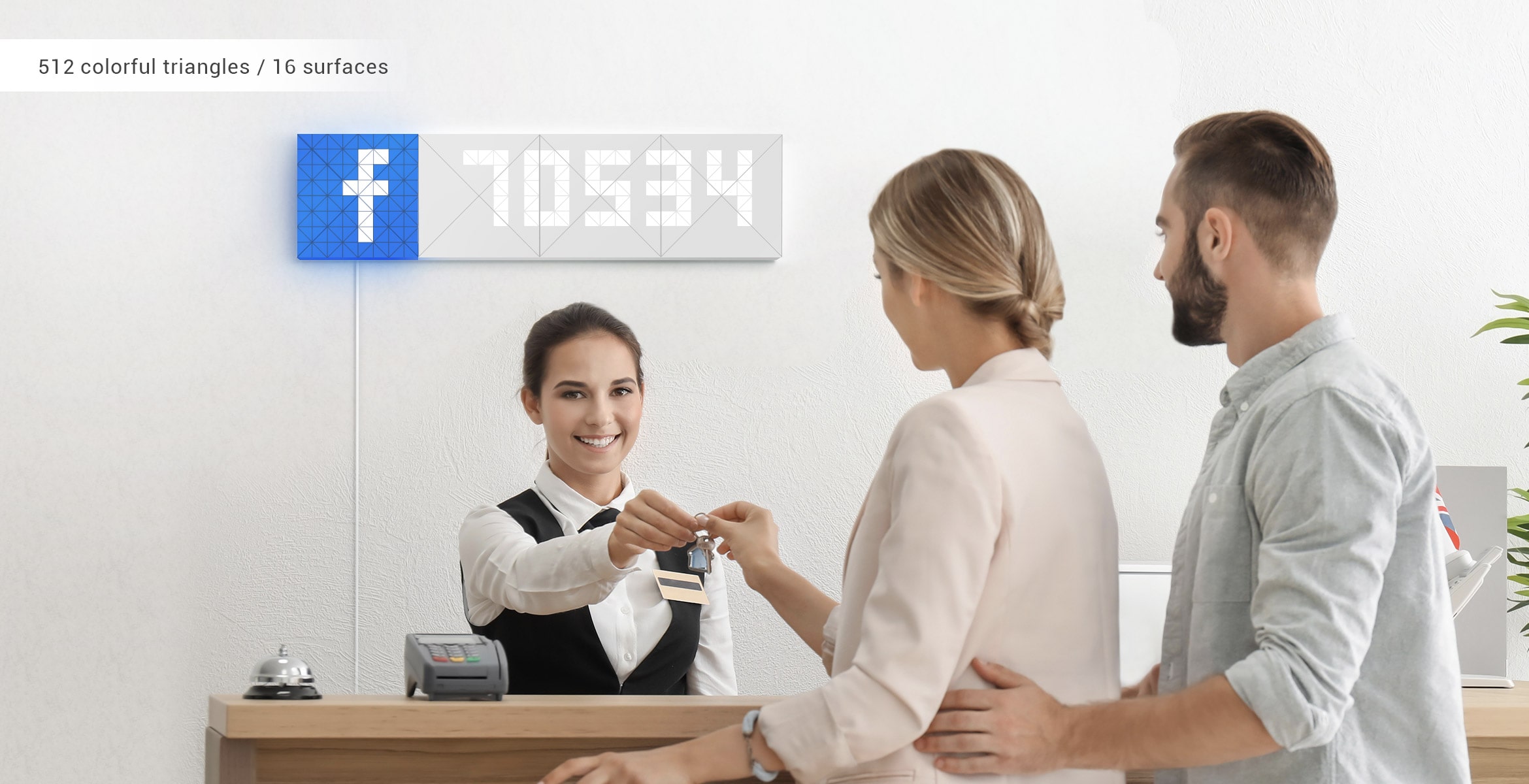 Infoscreen, assembled from 16 smart light surfaces, complements hotel's reception interior and displays Facebook like counter