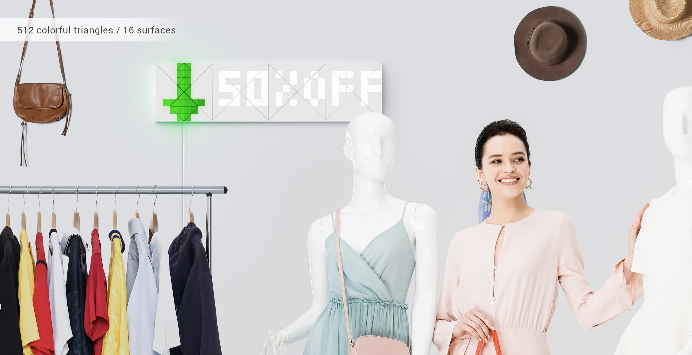 Infoscreen, assembled from 16 smart light surfaces, complements clothing store interior and displays 50% discount for visitors
