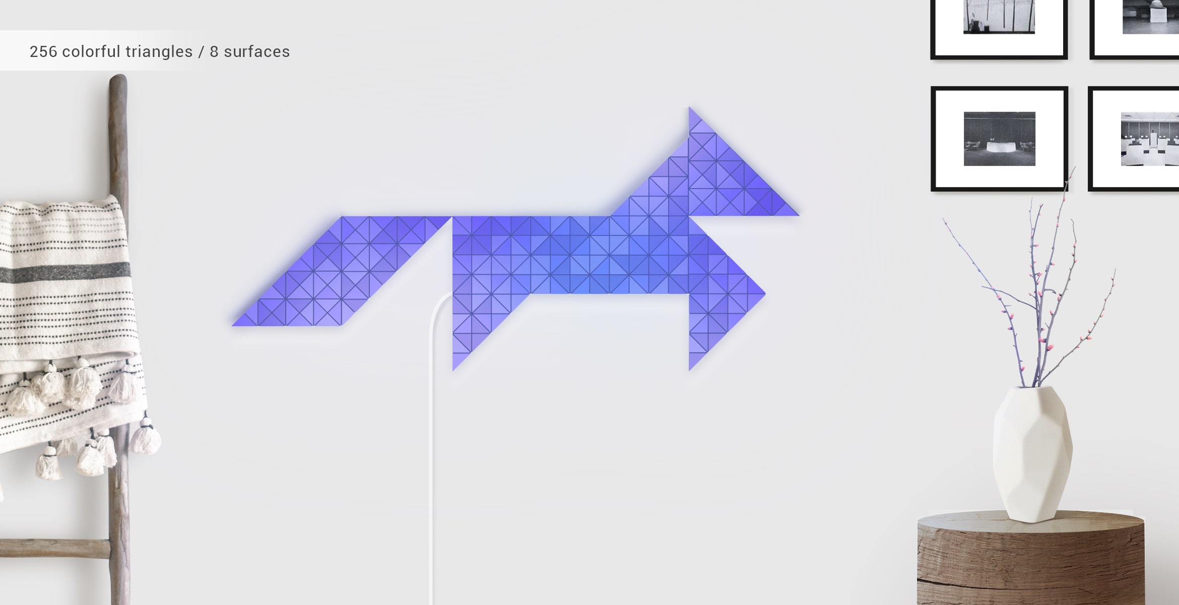 Fox shape in violet colour, assembled from 8 LaMetric SKY smart light surfaces, complements the room interior