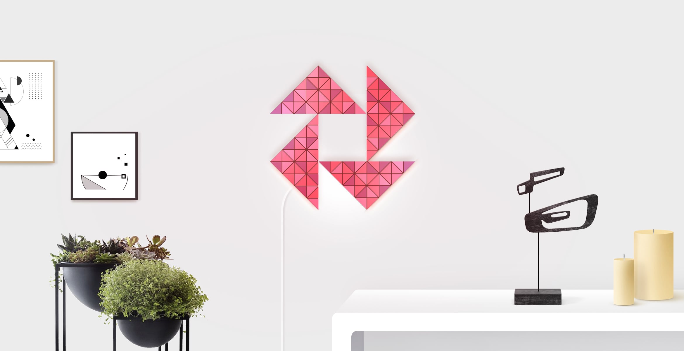 Star shape in red colour, assembled from 4 LaMetric SKY smart light surfaces, complements the room interior