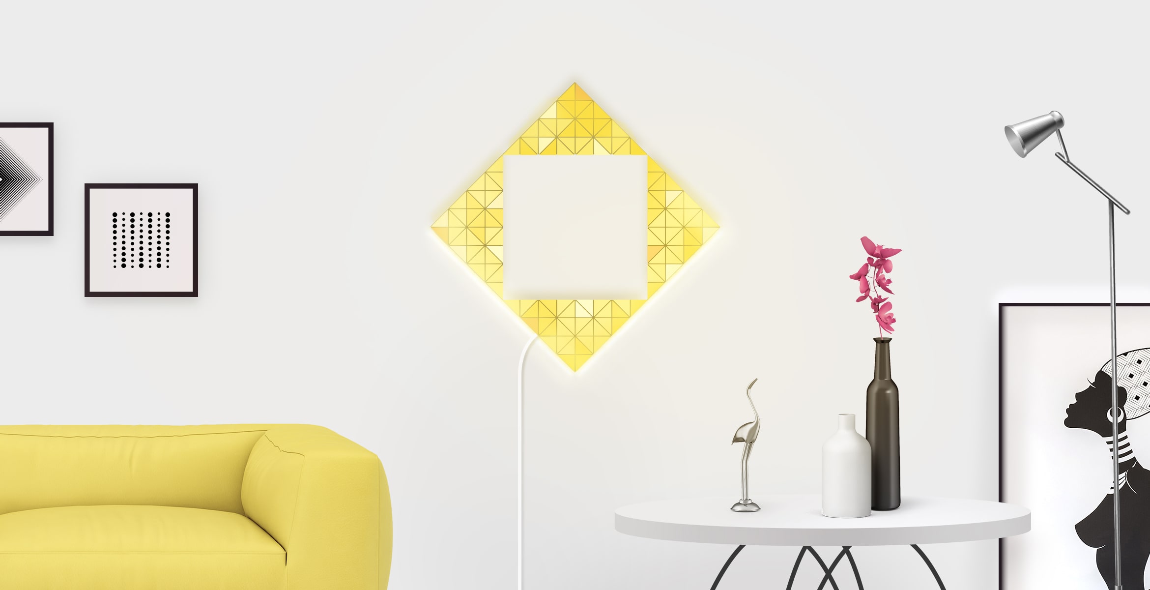 Magic portal shape in yellow colour, assembled from 4 LaMetric SKY smart light surfaces, placed in a stylish living room