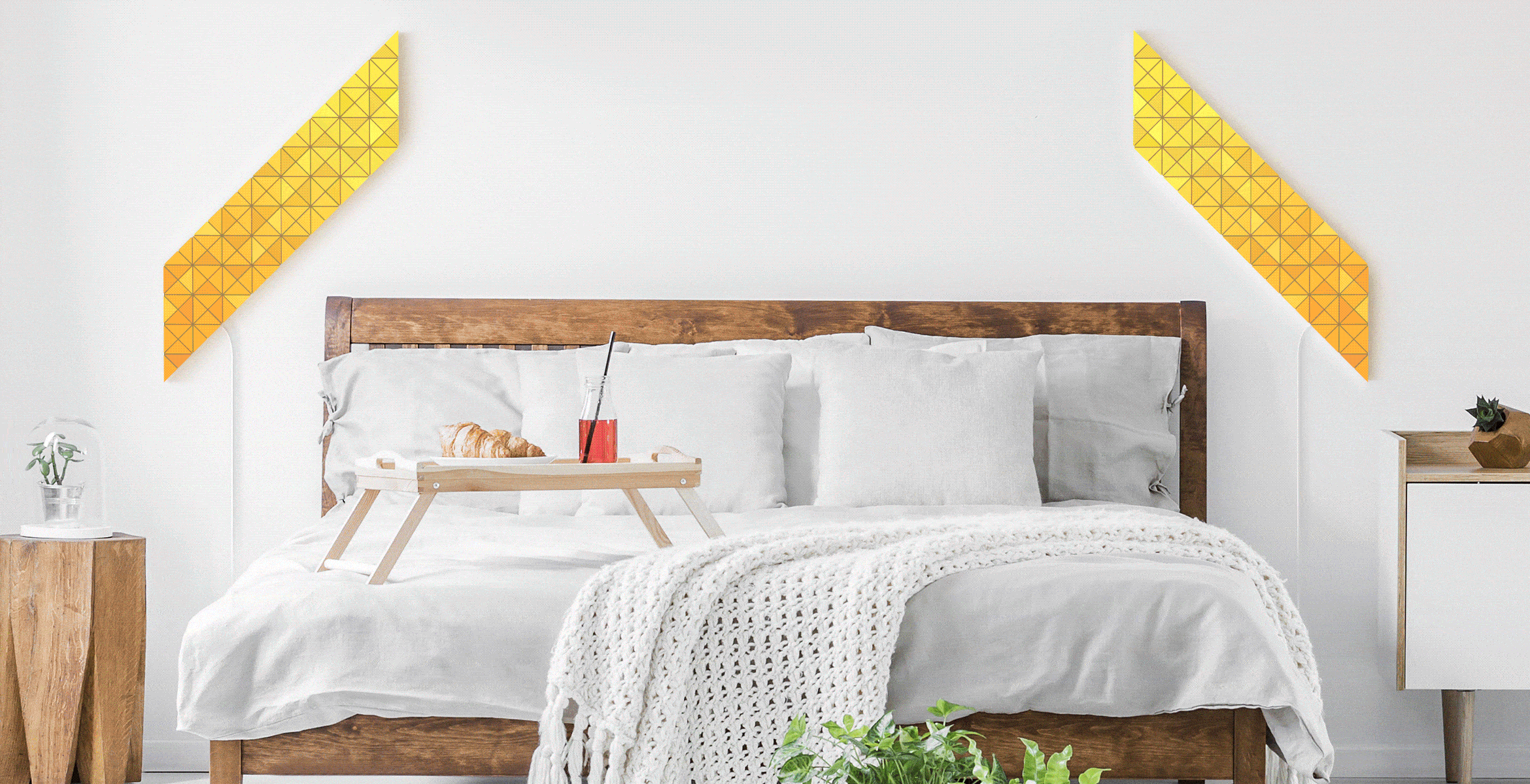 Two-lines shape, assembled from 4 smart light surfaces each, complements the bedroom interior and light up in different colors