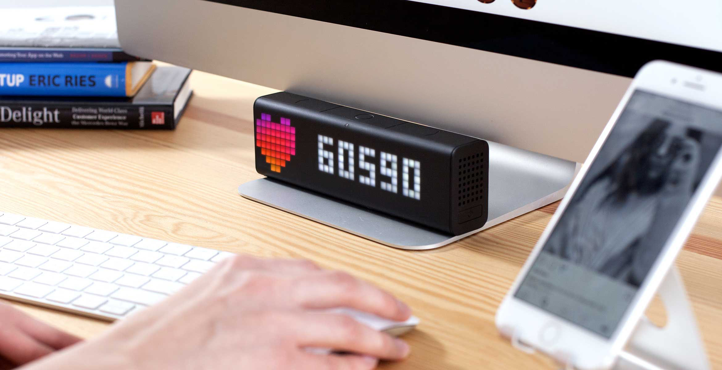 LaMetric Time smart clock complements the desk setup and displays follower count for your Instagram account