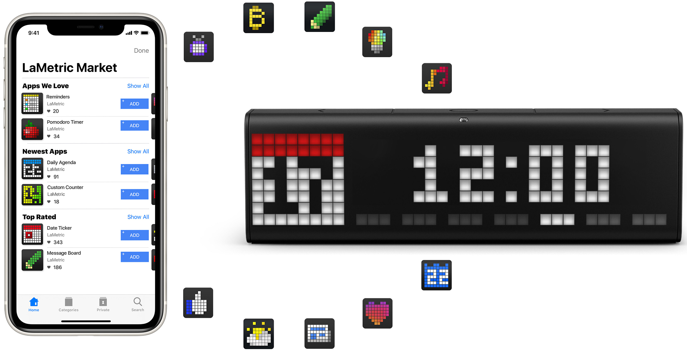 LaMetric Time digital clock displays time and the current date as a clock face and iPhone shows product appstore