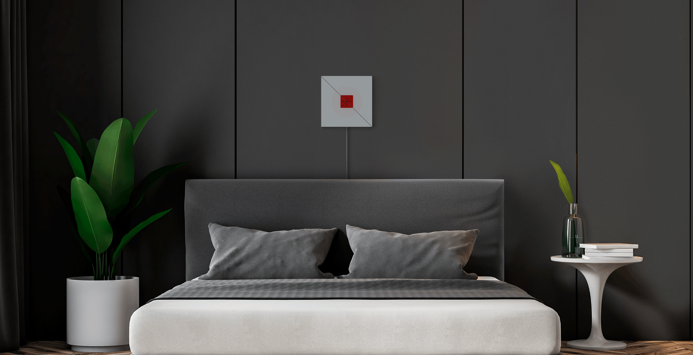 SKY face shape, assembled from 4 smart light surfaces, displays a heart light effect and complements bedroom's interior