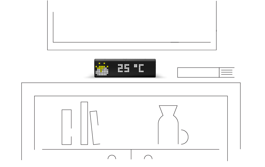 LaMetric Time smart clock, placed on the shelf, shows the current weather