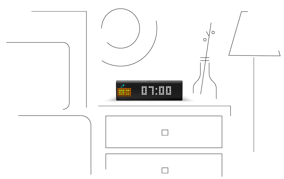 LaMetric Time digital clock, placed near the bed, shows the alarm set for 7 AM