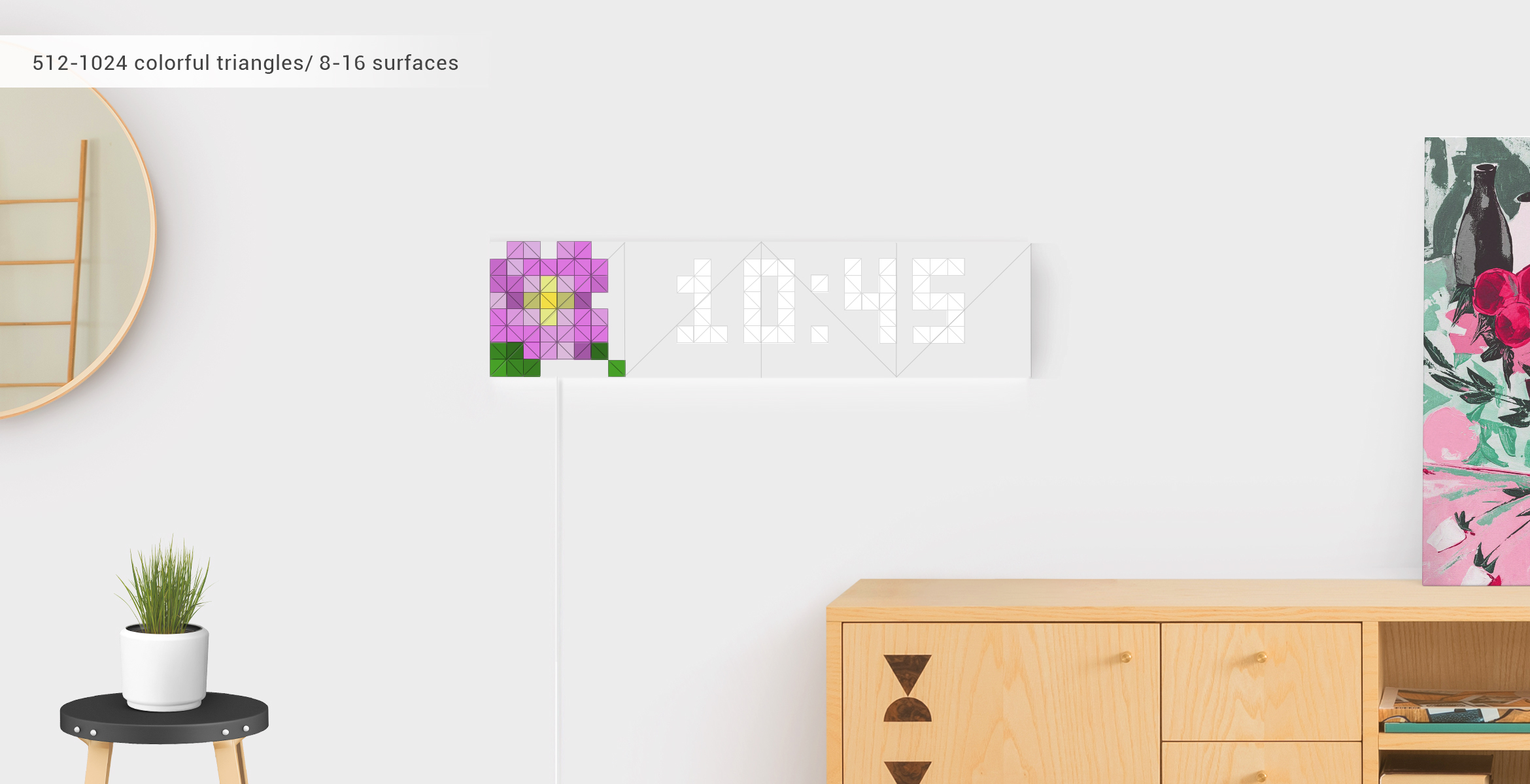 Infoscreen shape, assembled from 16 LaMetric SKY smart light surfaces, displays time and flower Sky face