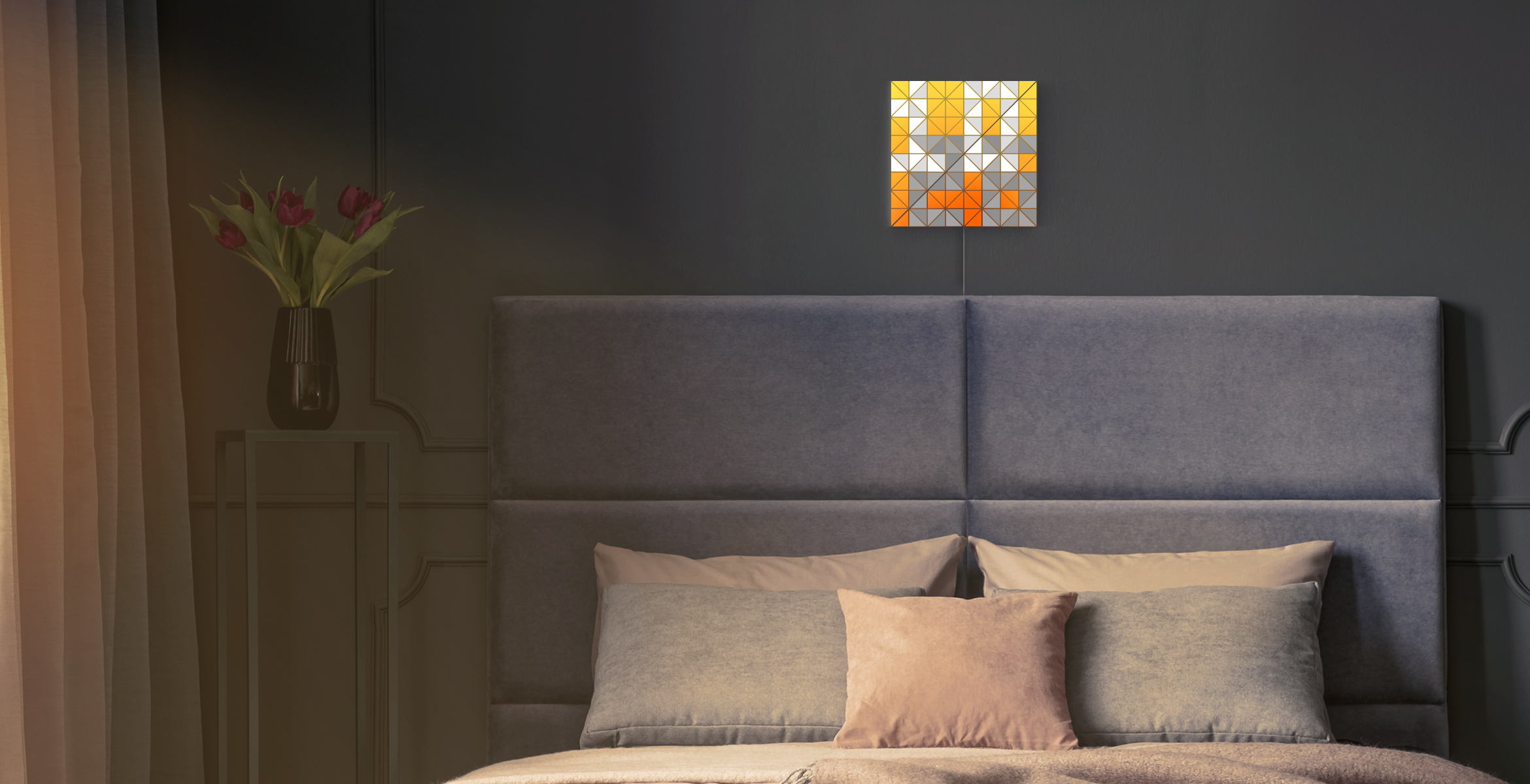 SKY face shape, assembled from 2 smart light surfaces, displays time and complements bedroom's interior