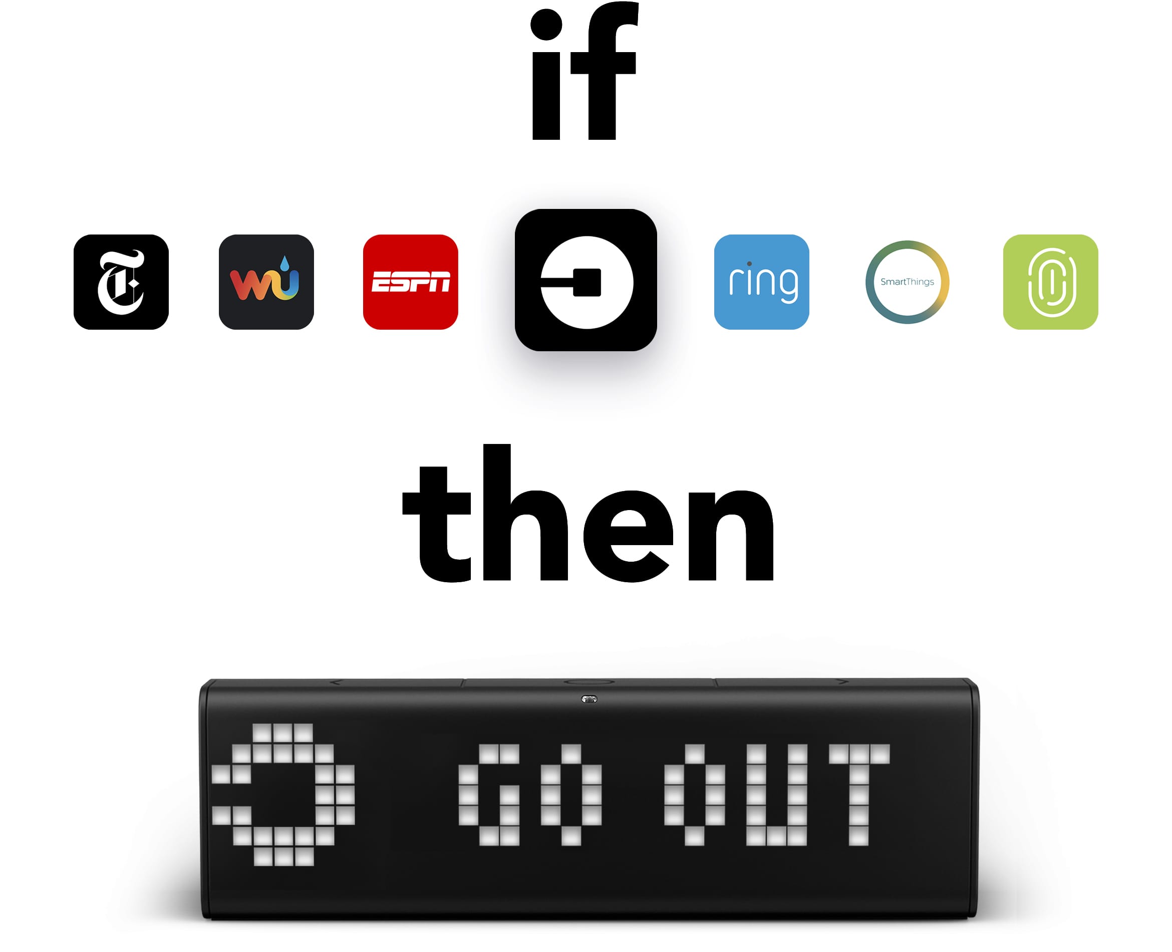 LaMetric Time smart clock's integration with IFTTT displaying a message "Go Out" after you ordered Uber and a car has arrived