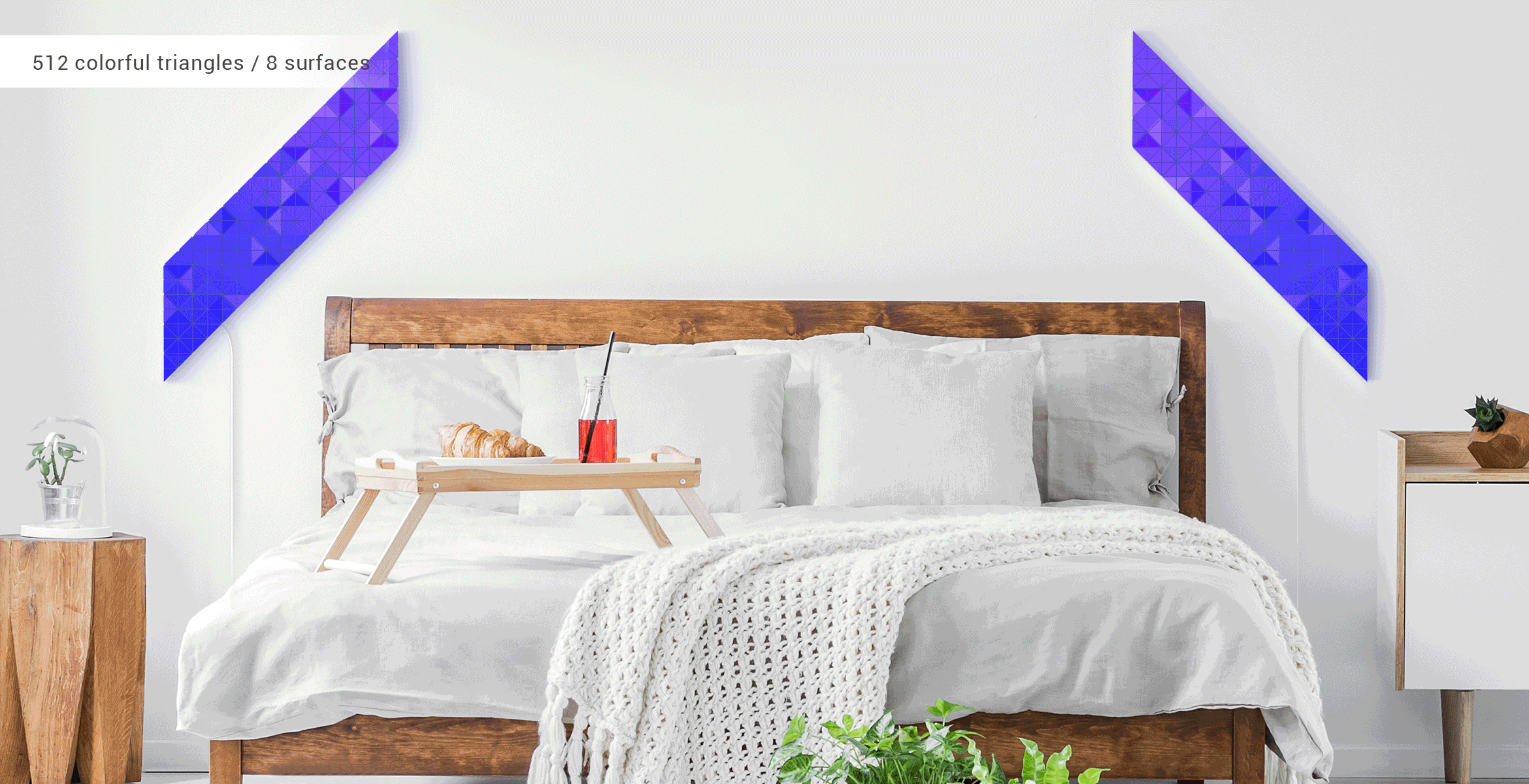 Two-lines shape, assembled from 4 smart light surfaces each, complements the bedroom interior and light up in different colors