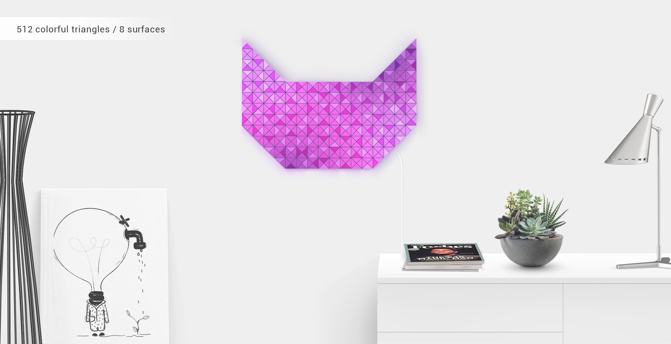 Cat shape in pink colour, assembled from 8 LaMetric SKY smart light surfaces, complements the room interior