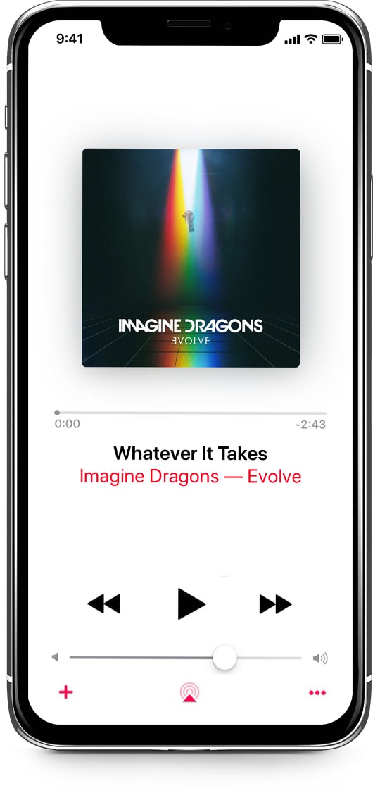 An iPhone shows "Imagine Dragons - Believer" song in the Apple Music app, which is streamed on LaMetric Time