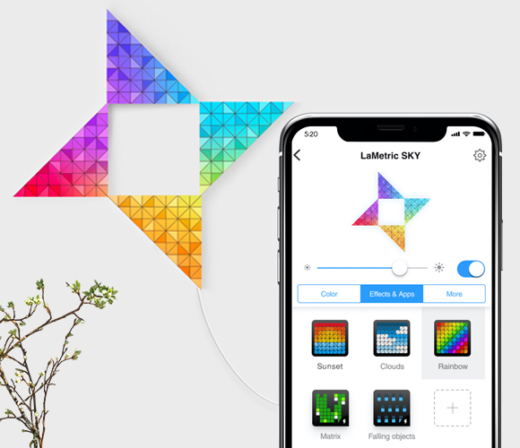 utterfly shape, assembled from 4 smart light surfaces, expresses rainbow and iPhone shows different light effects in SKY app
