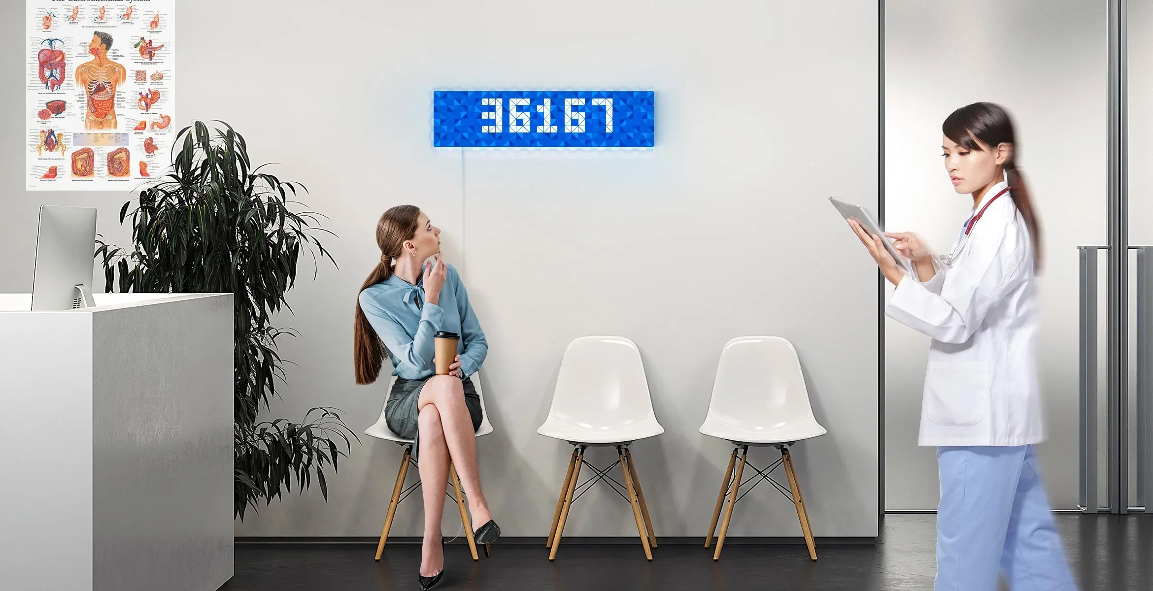 Infoscreen, assembled from 16 smart light surfaces, complements pediatrics interior and displays Facebook like counter