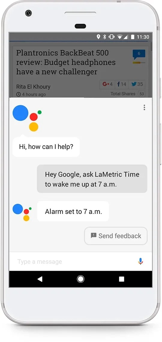 An iPhone shows the process of setting alarm for 7 AM at LaMetric Time smart clock via Google Assistant