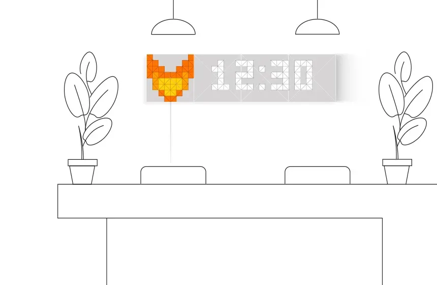 Infoscreen, assembled from 16 LaMetric SKY smart light surfaces, placed in the office, displays current time and company logo