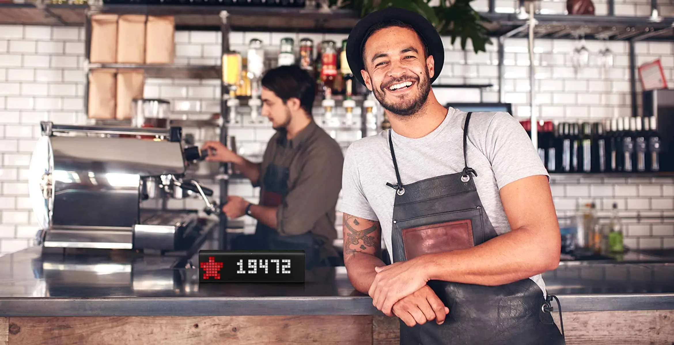 LaMetric Time smart clock, placed in a pub, displays its' Yelp stats