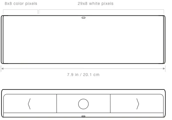LaMetric Time tech specs, which shows its' length and separation for colorful and white pixels
