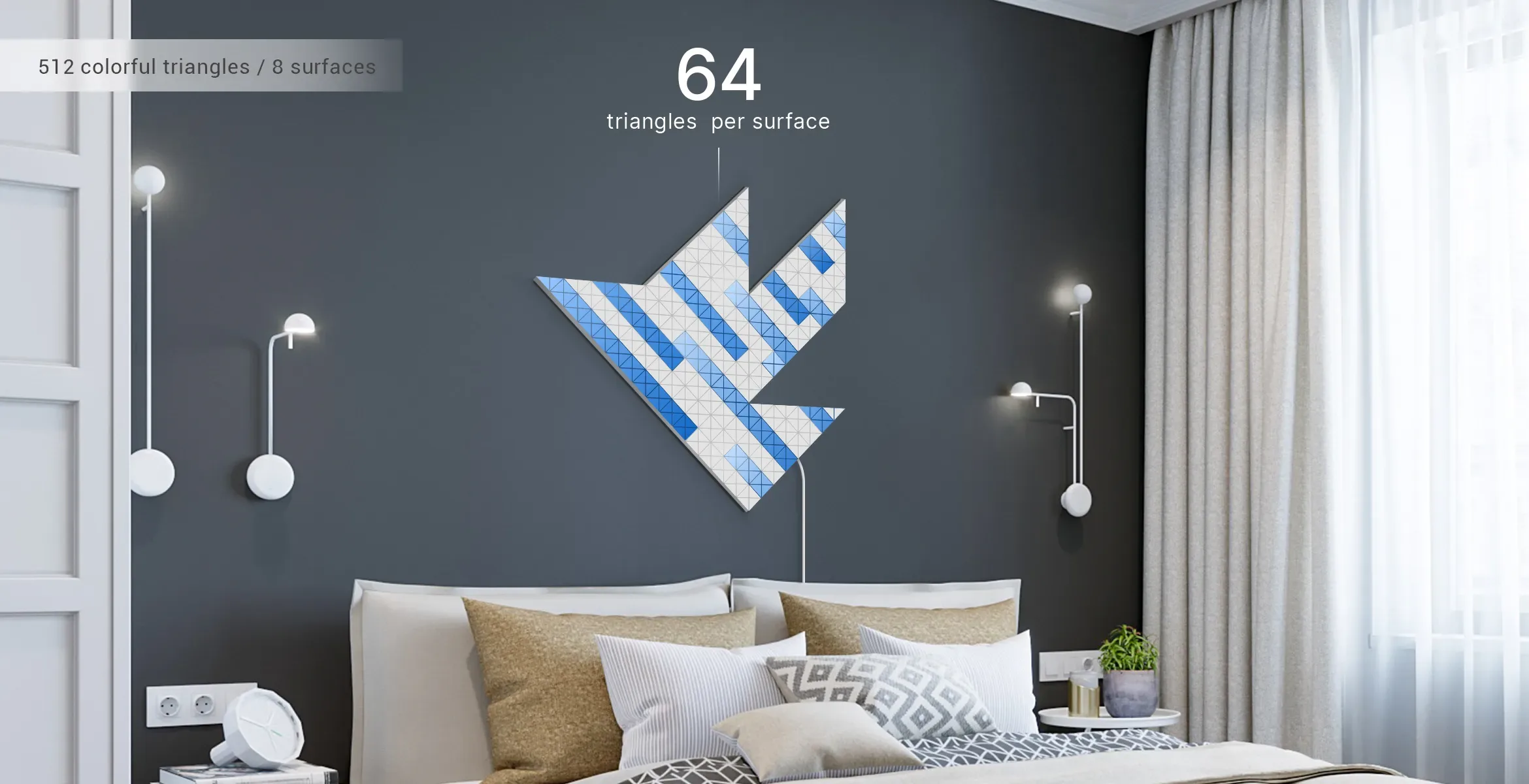 Bird shape in blue colour assembled from 8 LaMetric SKY smart light surfaces with a rain light effect, complements the room interior